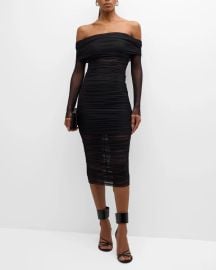 Alice Olivia Isadola Off-Shoulder Mesh Ruched Midi Dress at Neiman Marcus