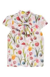 Alice Olivia Jeannie Bow Cap Sleeve Cotton Silk Button-Up Blouse at Nordstrom