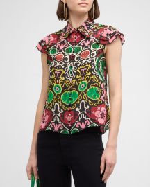 Alice Olivia Martel Flutter-Sleeve Crepe de Chine Blouse at Neiman Marcus