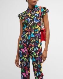 Alice Olivia Martel Flutter-Sleeve Silk Blouse at Neiman Marcus