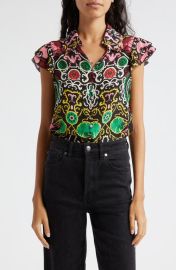 Alice Olivia Martel Mixed Print Flutter Sleeve Silk Top at Nordstrom