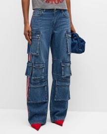 Alice Olivia Olympia Mid-Rise Baggy Cargo Jeans with Side Stripes at Neiman Marcus