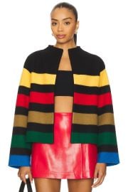 Alice Olivia Pearson Collared Striped Sweater Jacket In Black Multi at Revolve
