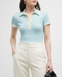 Alice Olivia Pia Button-Front Knit Short-Sleeve Polo at Neiman Marcus