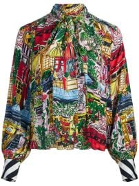Alice Olivia Red Gertrude Printed Pleated Matte Satin Blouse at Farfetch