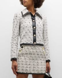 Alice Olivia Renae Cropped Tweed Jacket with Vegan Leather Binding at Neiman Marcus