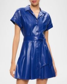 Alice Olivia Shirley Short-Sleeve Vegan Leather Pleated Mini Shirtdress at Neiman Marcus