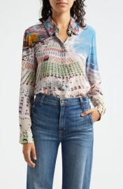 Alice Olivia Willa Beach Print Silk Button Up Shirt in Whispering Waves at Nordstrom