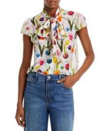 Alice and Olivia Jeannie Tulip Print Tie Neck Blouse Bloomingdales at Bloomingdales