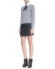 Alice and Olivia Ribbon Bow Knit Sweater and Tweed Clean Fitted Skirt at Neiman Marcus