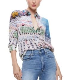 Alice and Olivia Willa Button Front Beach Scene Silk Top Bloomingdales at Bloomingdales