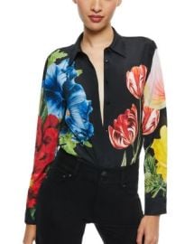 Alice and Olivia Willa Button Front Floral Silk Top Bloomingdales at Bloomingdales