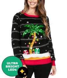 All Is Palm All Is Bright Light Up Ugly Christmas Sweater Women39s Christmas Outfits Tipsy Elves at Tipsy Elves