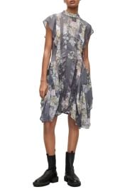 All Saints Ari Fillipa Floral Pleated Asymmetric Hem Dress in Concrete Grey at Nordstrom