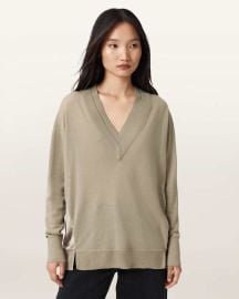 All Saints Bern Paneled V Neck Sweater in Taupe Grey at All Saints