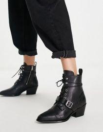 AllSaints Katy lace up heeled leather boots with buckle in black at ASOS