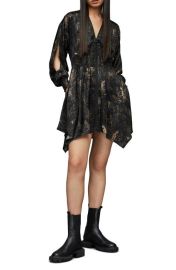 AllSaints Nilah Print Split Long Sleeve Satin Minidress at Nordstrom