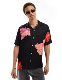 AllSaints Roze short sleeve shirt in black floral at ASOS