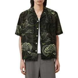 AllSaints Sidewinder Dragon Print Viscose & Linen Camp Shirt at Nordstrom