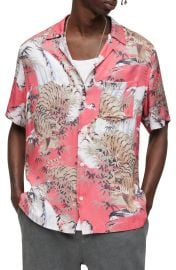 AllSaints Sumerian Print Short Sleeve Button-Up Shirt in Magenta Pink  at Nordstrom