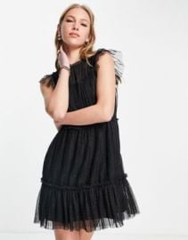 AllSaints high neck tulle dress in black metallic at ASOS