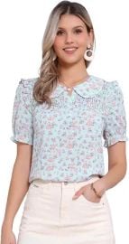 Allegra K Peter Pan Collar Tops for Women's Puff Short Sleeve Ruffle Vintage Smocked Floral Blouse at Amazon