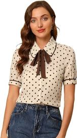 Allegra K Polka Dots Blouse for Women39s Peter Pan Collar Bow Tie Neck Puff Sleeve Vintage Shirt Top at Womens Clothing store at Amazon