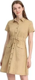 Allegra K Safari Dress for Women's Cotton Button Down Collar Drawstring Waist Shirtdress at Amazon