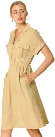 Allegra K Women's Notched Lapel Elastic Waist Pocket A-Line Safari Shirt Dress at Amazon