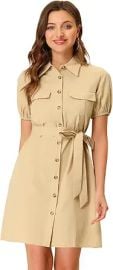Allegra K Women's Safari Dress Collared Short Sleeve Cotton Belted Button Down Shirt Dresses at Amazon