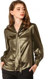 Allegra K Women s Sparkly Metallic Long Sleeve Glitter Tie Neck Blouse Top at Amazon