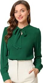 Allegra K Women39s Bow Tie Neck Elegant Top Long Sleeve Solid Work Office Blouse at Womens Clothing store at Amazon