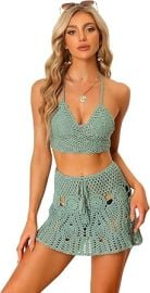 Allegra K Womenx27s 2 Pieces Bikini Set Hollow Out Cami Top Mini Skirt Summer Beach Crochet Knit Sets at Womens Clothing store at Amazon