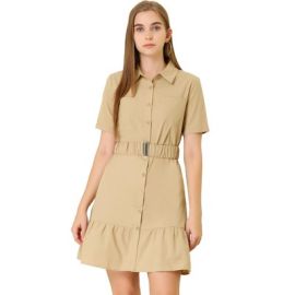 Allegra K Womenx27s Belted Ruffled Hem Button-Down Cotton Safari Shirt Dress Small Khaki Target at Target
