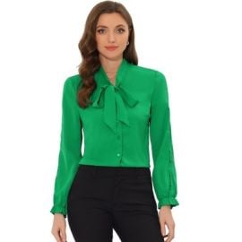 Allegra K Womenx27s Elegant Bow Tie Neck Long Sleeve Work Shirt Green Medium Target at Target