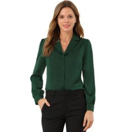 Allegra K Womenx27s Elegant Collar Blouse Long Sleeve Work Office Satin Button Down Shirt Green Small Target at Target