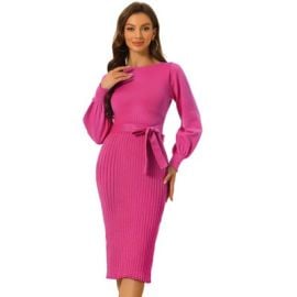 Allegra K Womenx27s Knit Belted Round Neck Lantern Sleeves Casual Pleated Sweater Dresses Plum Small Target at Target