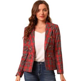 Allegra K Womenx27s Notched Lapel Double Breasted Plaid Formal Blazer Jackets Red X-small Target at Target