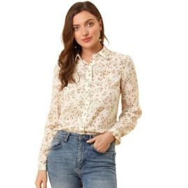 Allegra K Womenx27s Point Collar Long Button Sleeve Button Down Floral Shirt Small White Target at Target