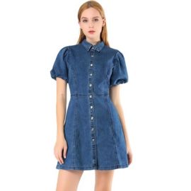 Allegra K Womenx27s Puff Short Sleeve Collared Button Front Mini Jean Denim Dress Target at Target