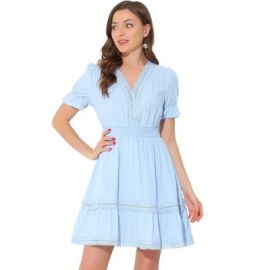 Allegra K Womenx27s V Neck Smocked Elastic Waist Short Sleeve Boho Crochet Trim Mini Dress Light Blue Medium Target at Target