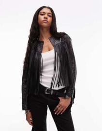 Allsaints Asta western tassle leather jacket in black at ASOS