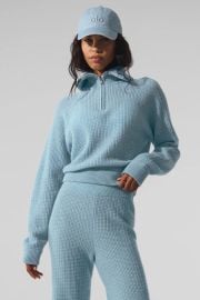 Alo Cashmere Plush Waffle 1 4 Zip Pullover in Celestial Blue Heather at Alo Yoga