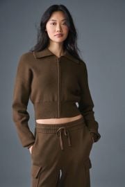 Alo Scholar Knit Cropped Full Zip Jacket in Espresso at Alo Yoga