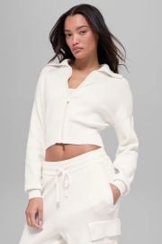 Alo Scholar Knit Cropped Full Zip Jacket in Ivory at Alo Yoga