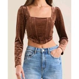 Altarx27d State Tops New Altard State Large Womens Brown Velvet Corset Top Long Sleeve Cropped Poshmark at Poshmark