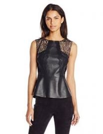 Amazoncom BCBGMAXAZRIA Womenand39s Laine Faux Leather Top with Lace Clothing at Amazon