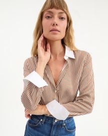 Amelia Silk Shirt in Brown amp White Stripes at Veronica Beard