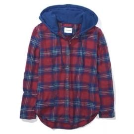 American Eagle Hooded Flannel Button Up Shirt Pink Blue Green Plaid M ASOT Abby eBay at eBay