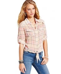 American Rag Juniors Top Long Sleeve Plaid-Print Tie-Front - Juniors Tops - Macys at Macys